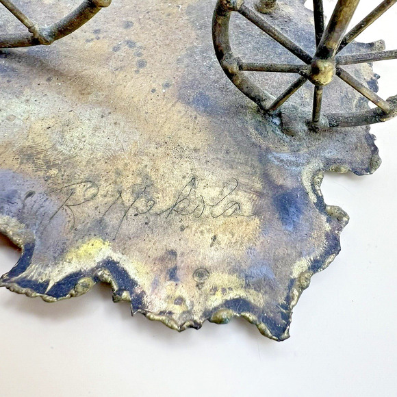 Vintage Metal Art Sculpture Copper Rust Tin High Wheel Bicycle Retro MCM Signed - Picture 5 of 6